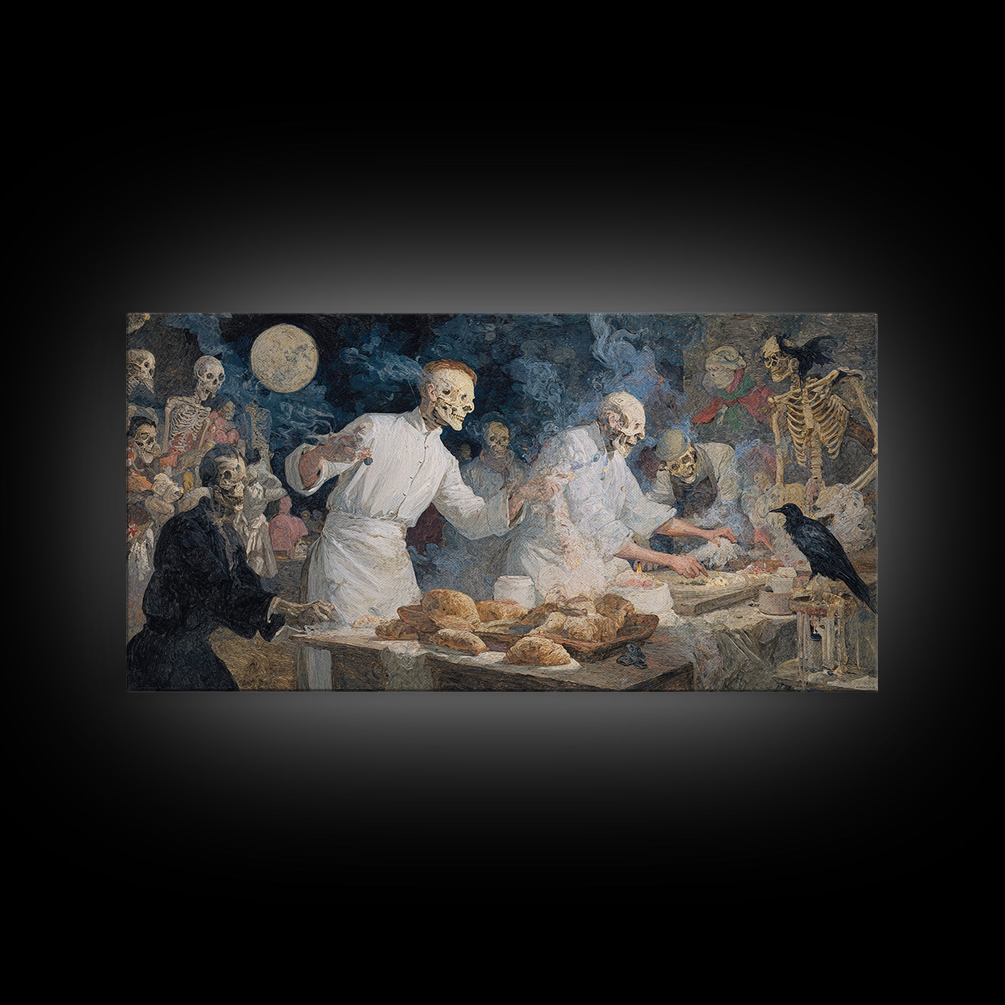 The Ghost Bakery, Grotesque Carnival Art, Wide Panoramic Art, Dark Fantasy Wall Art, Framed Canvas Print, Halloween Wall Art
