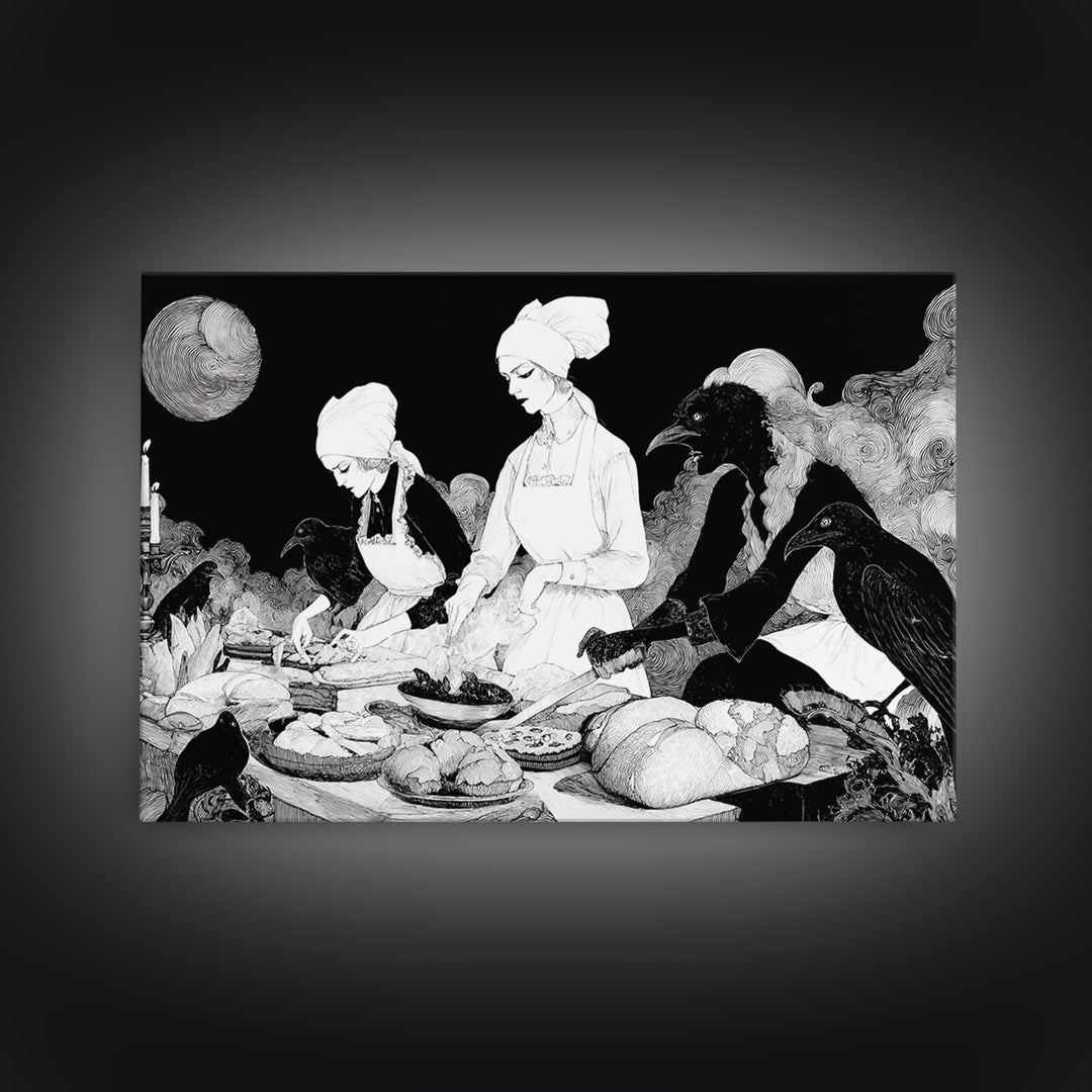 The Ghost Bakery, Decadent Line Art, Landscape Wall Art, Dark Fantasy Wall Art, Framed Canvas Print, Halloween Wall Art