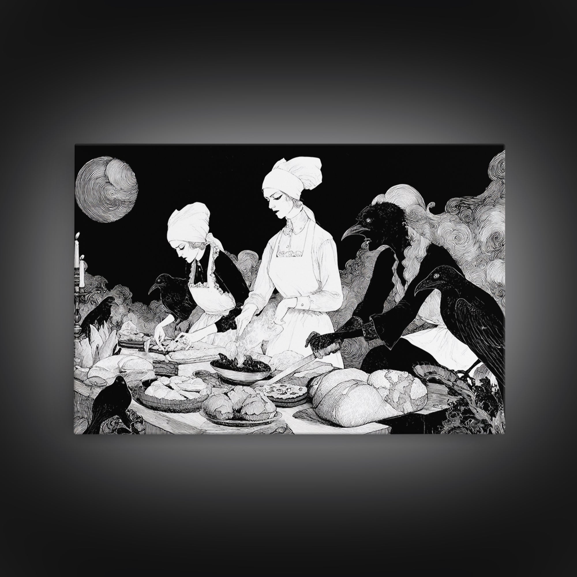 The Ghost Bakery, Decadent Line Art, Landscape Wall Art, Dark Fantasy Wall Art, Framed Canvas Print, Halloween Wall Art