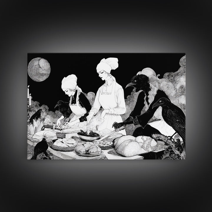 The Ghost Bakery, Decadent Line Art, Landscape Wall Art, Dark Fantasy Wall Art, Framed Canvas Print, Halloween Wall Art