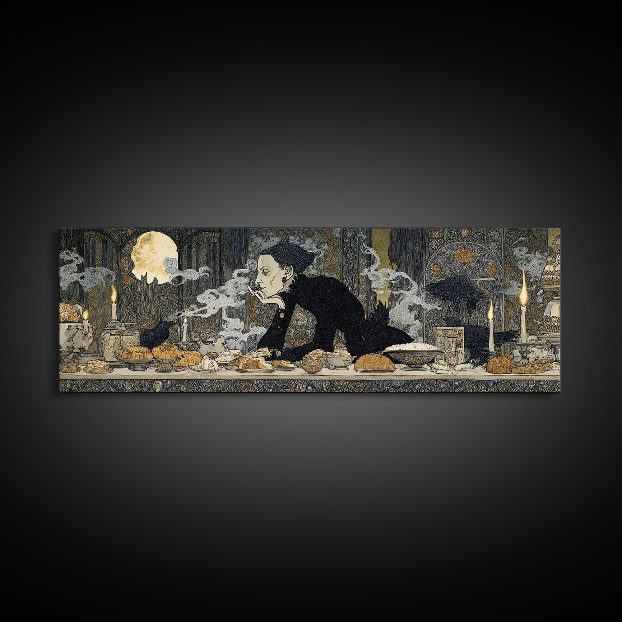 The Ghost Bakery, Stained Glass Gothic Art, Extra Wide Wall Art, Dark Halloween Decor, Framed Canvas Print, Halloween Wall Art