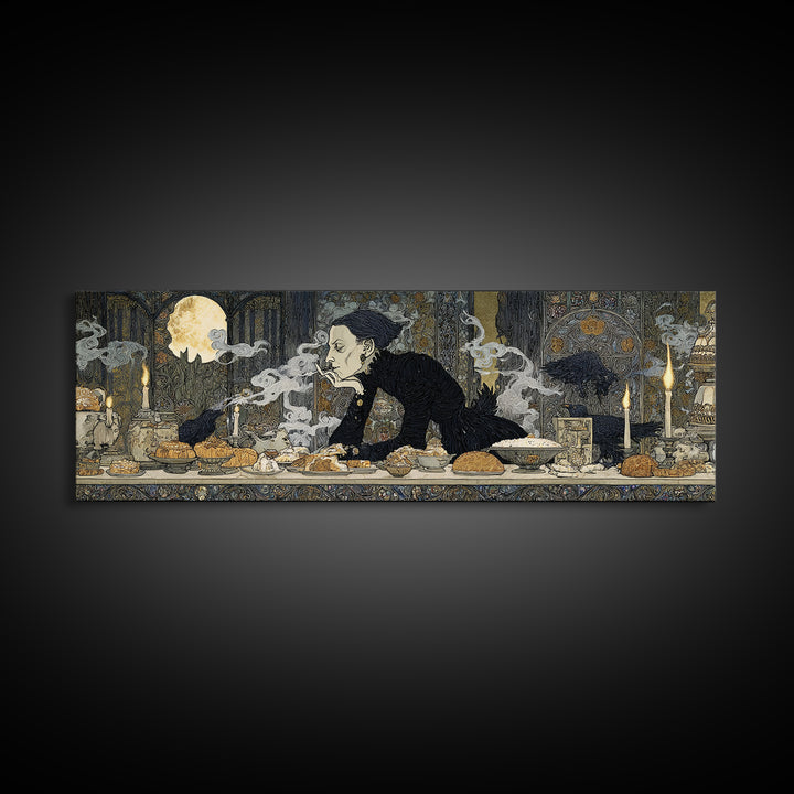 The Ghost Bakery, Stained Glass Gothic Art, Extra Wide Wall Art, Dark Halloween Decor, Framed Canvas Print, Halloween Wall Art