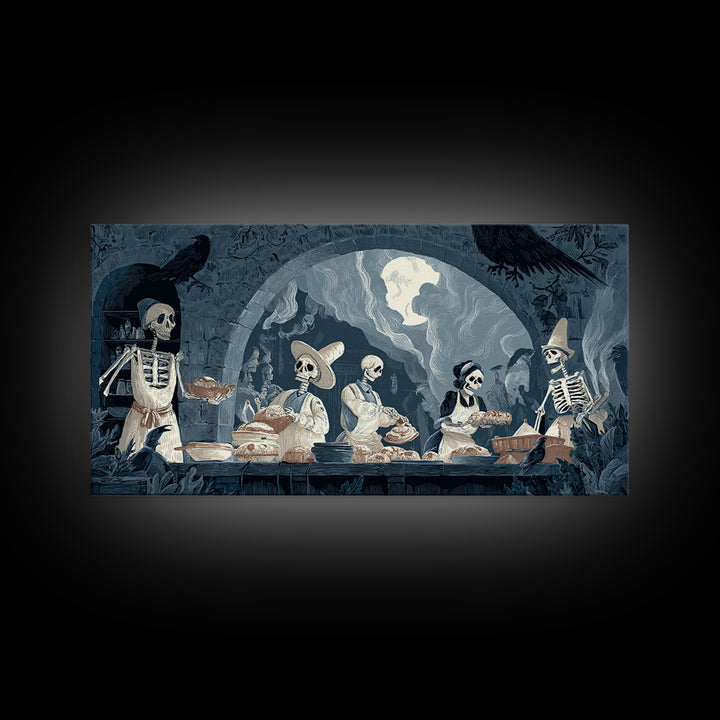 The Ghost Bakery, Macabre Folk Print Art, Wide Panoramic Art, Dark Halloween Decor, Canvas Print, Halloween Wall Art
