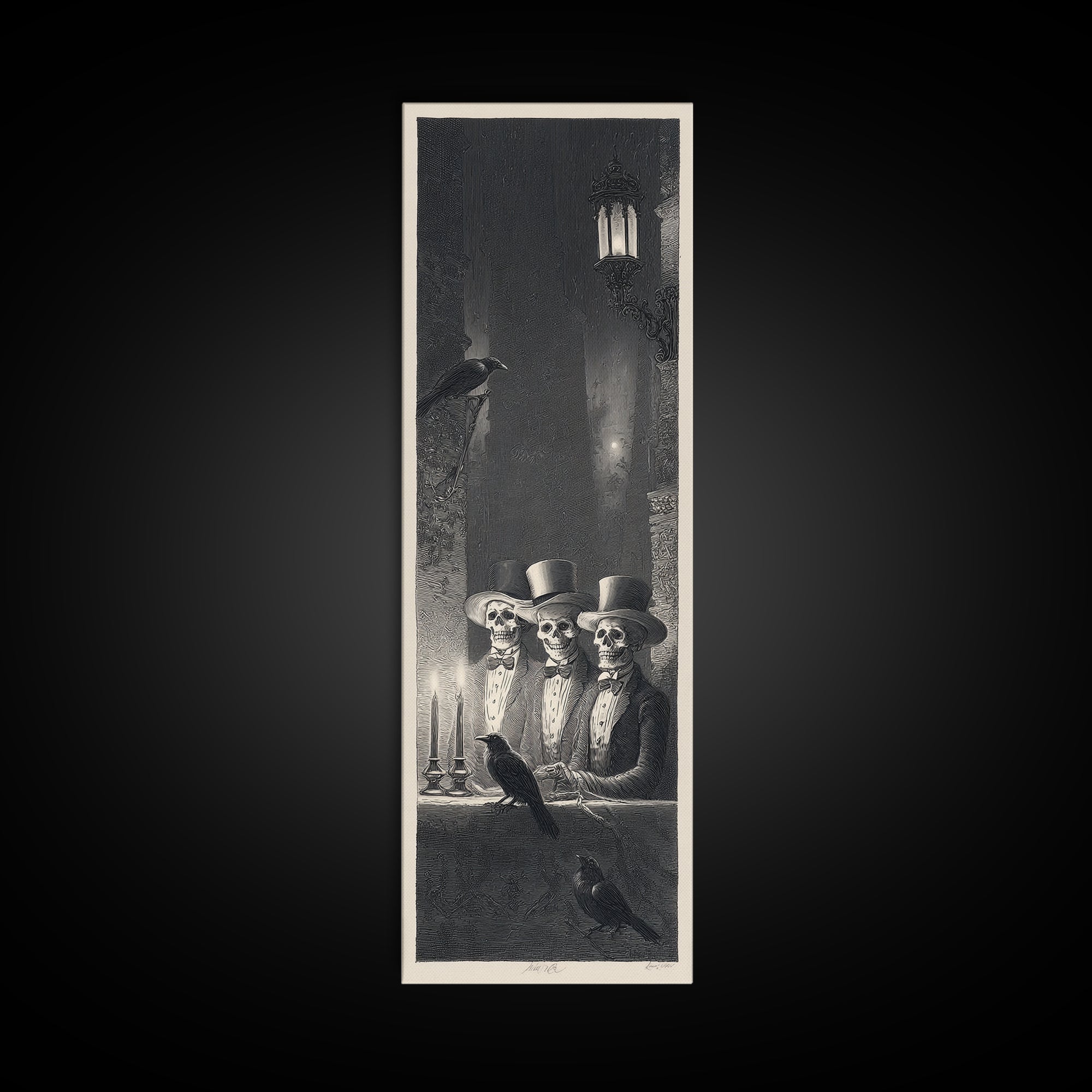 The Skeleton Barbershop Quartet, Gothic Engraving Art, Tall Narrow Wall Art, Gothic Horror Wall Art, Canvas Print, Halloween Wall Art
