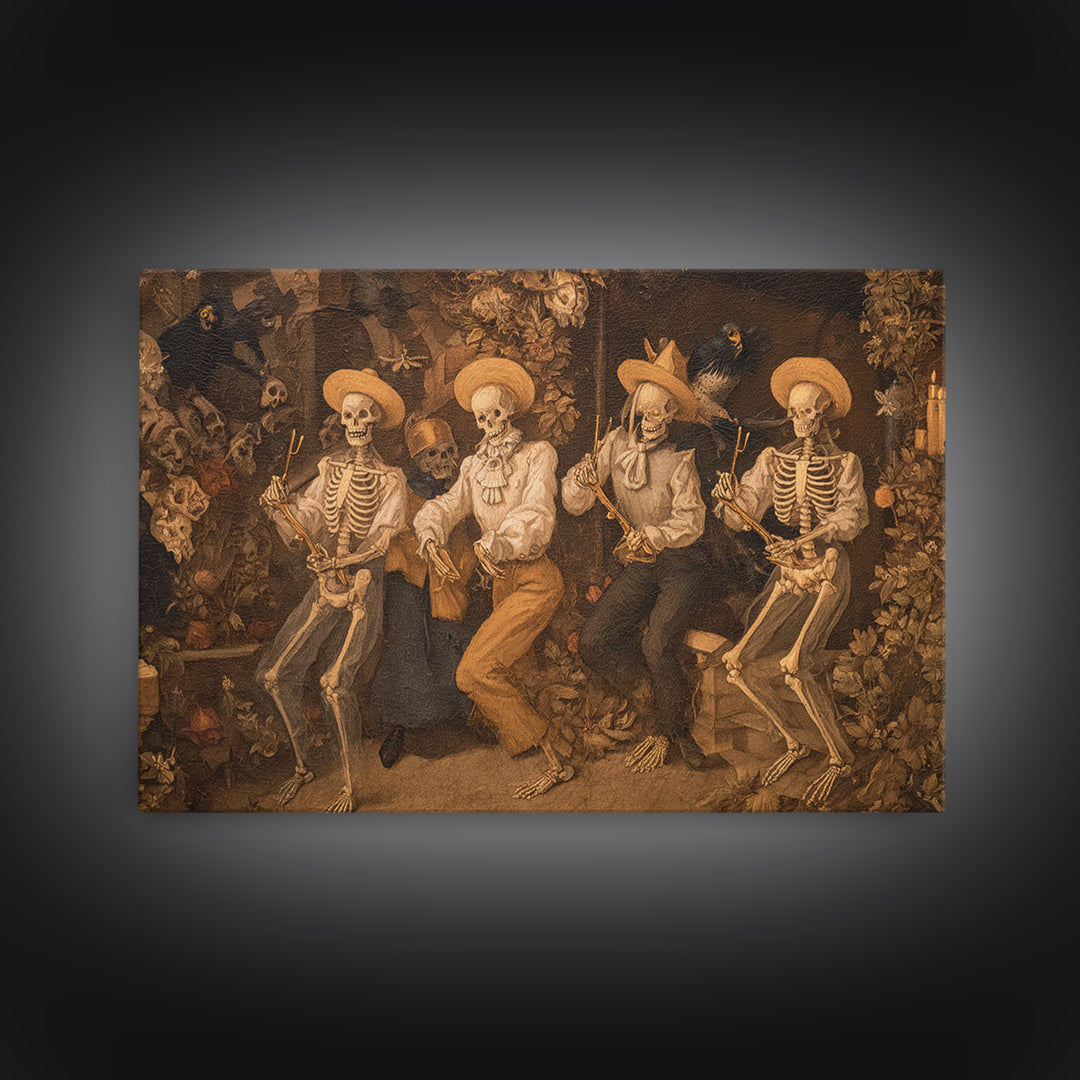 The Skeleton Barbershop Quartet, Medieval Grotesque Art, Landscape Wall Art, Macabre Wall Art, Canvas Print, Halloween Wall Art