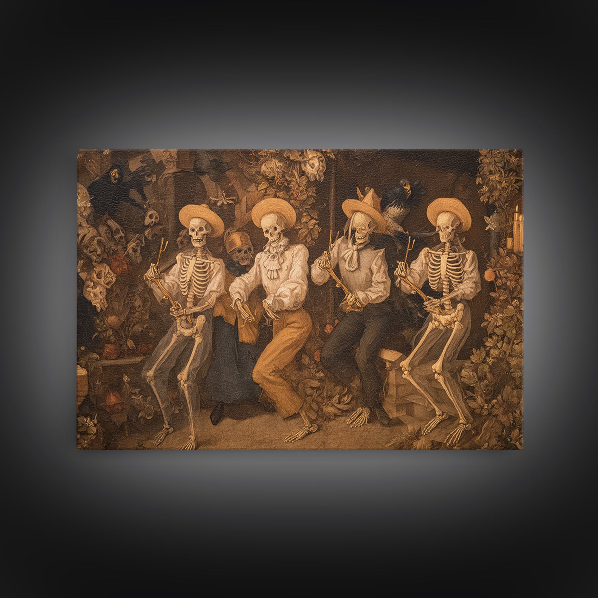 The Skeleton Barbershop Quartet, Medieval Grotesque Art, Landscape Wall Art, Macabre Wall Art, Canvas Print, Halloween Wall Art