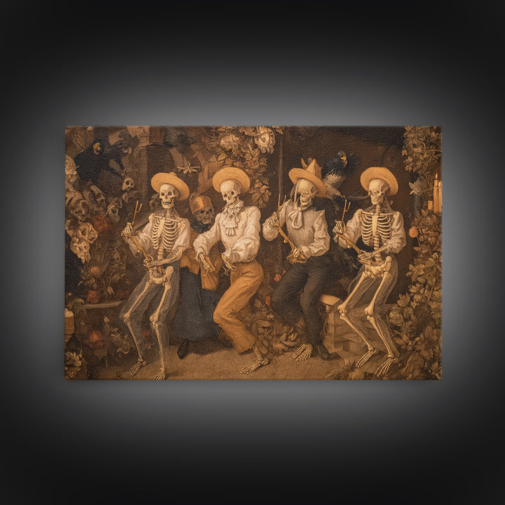 The Skeleton Barbershop Quartet, Medieval Grotesque Art, Landscape Wall Art, Macabre Wall Art, Canvas Print, Halloween Wall Art