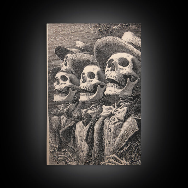 The Skeleton Barbershop Quartet, Renaissance Engraving Art, Vertical Wall Art, Gothic Horror Wall Art, Framed Canvas Print