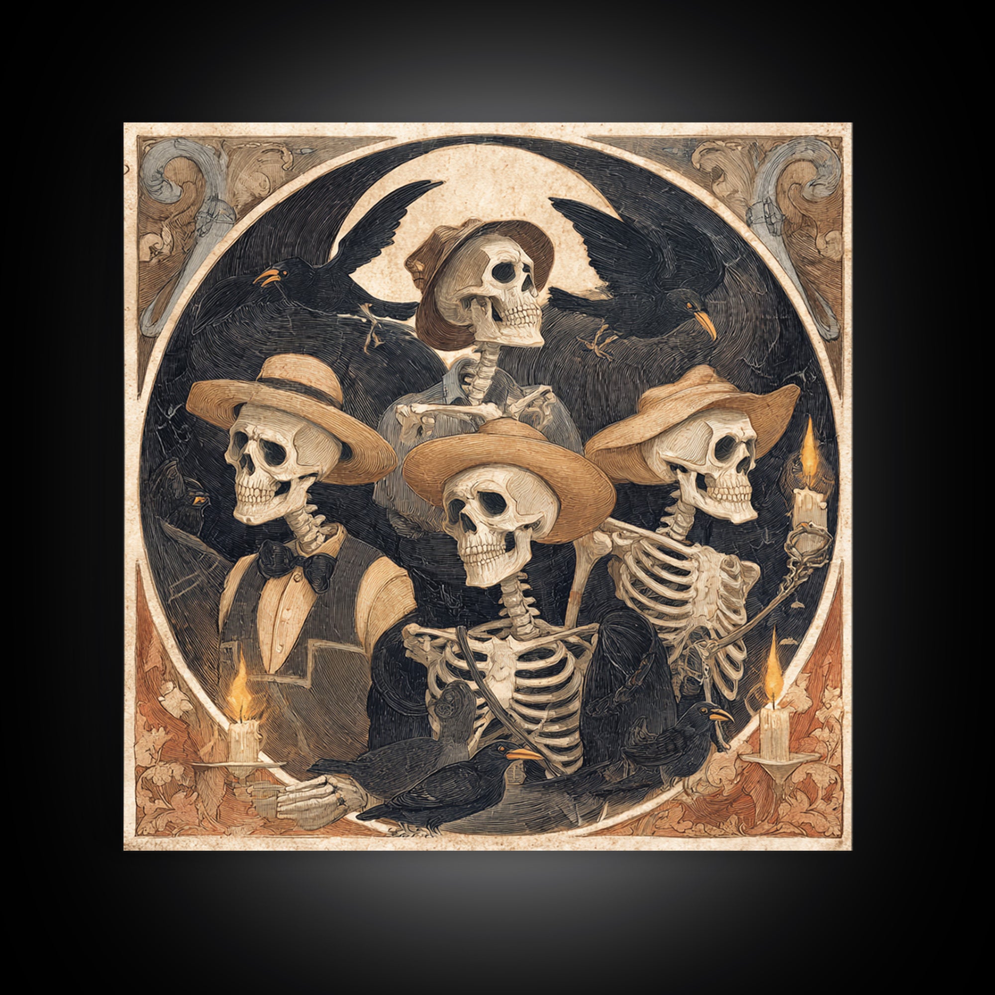 The Skeleton Barbershop Quartet, Danse Macabre Art, Square Wall Art, Macabre Wall Art, Canvas Print, Halloween Wall Art