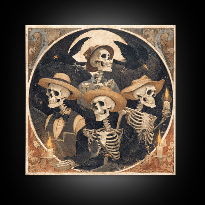 The Skeleton Barbershop Quartet, Danse Macabre Art, Square Wall Art, Macabre Wall Art, Canvas Print, Halloween Wall Art