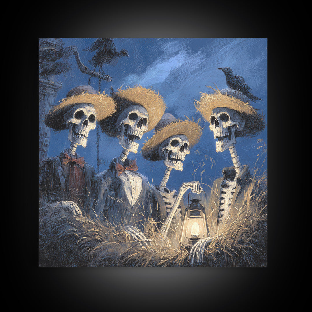 The Skeleton Barbershop Quartet, Baroque Witchcraft Art, Square Wall Art, Macabre Wall Art, Framed Canvas Print, Halloween Wall Art