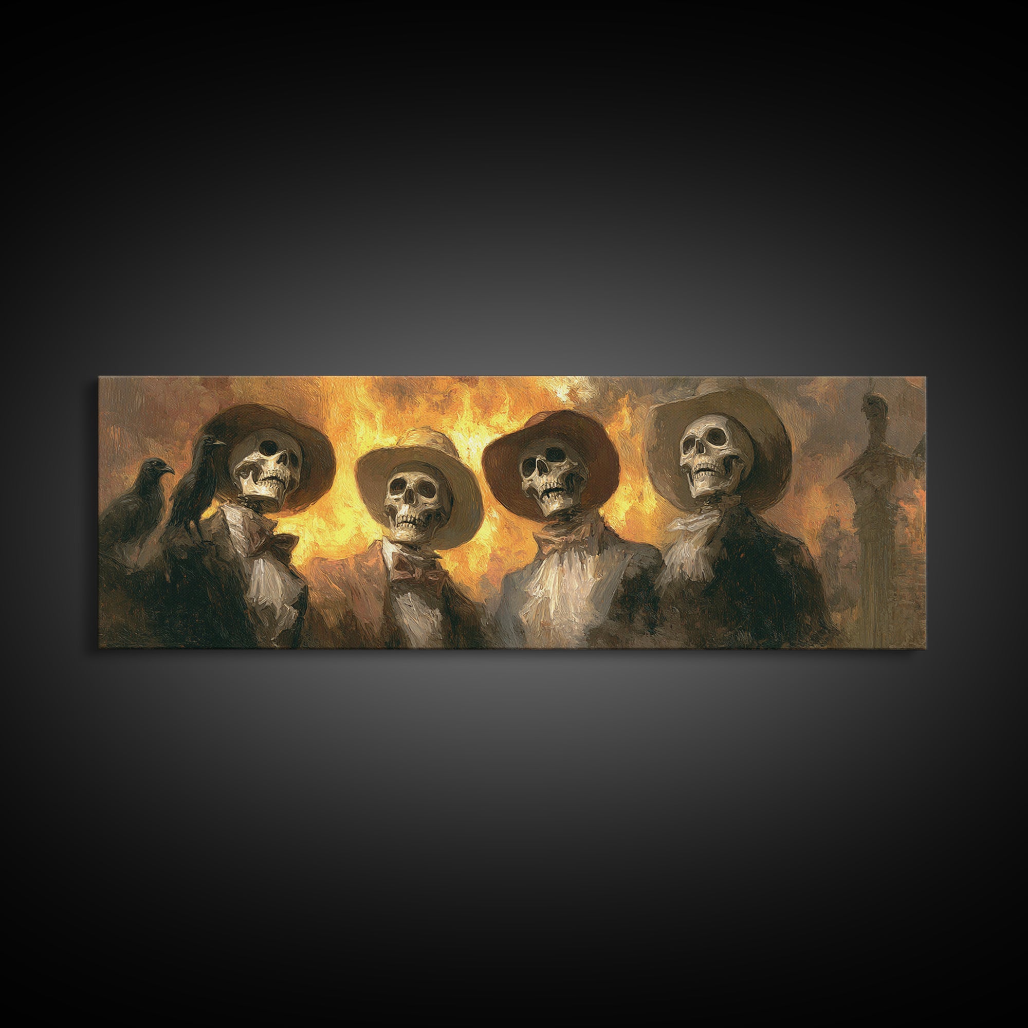 The Skeleton Barbershop Quartet, Apocalyptic Romantic Art, Extra Wide Wall Art, Dark Halloween Decor, Framed Canvas Print