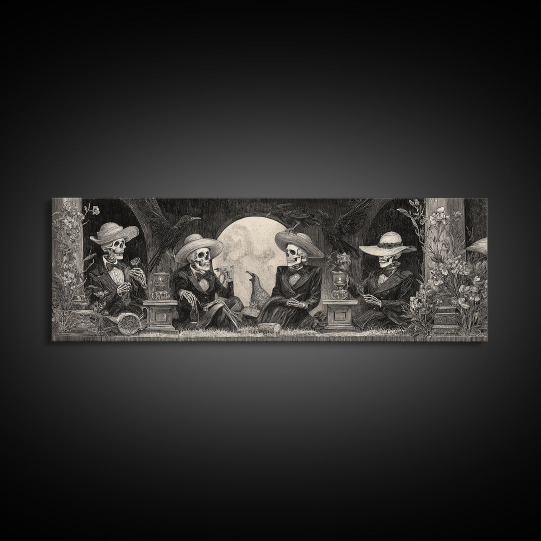 The Skeleton Barbershop Quartet, Symbolist Dream Art, Extra Wide Wall Art, Gothic Horror Wall Art, Canvas Print, Halloween Wall Art