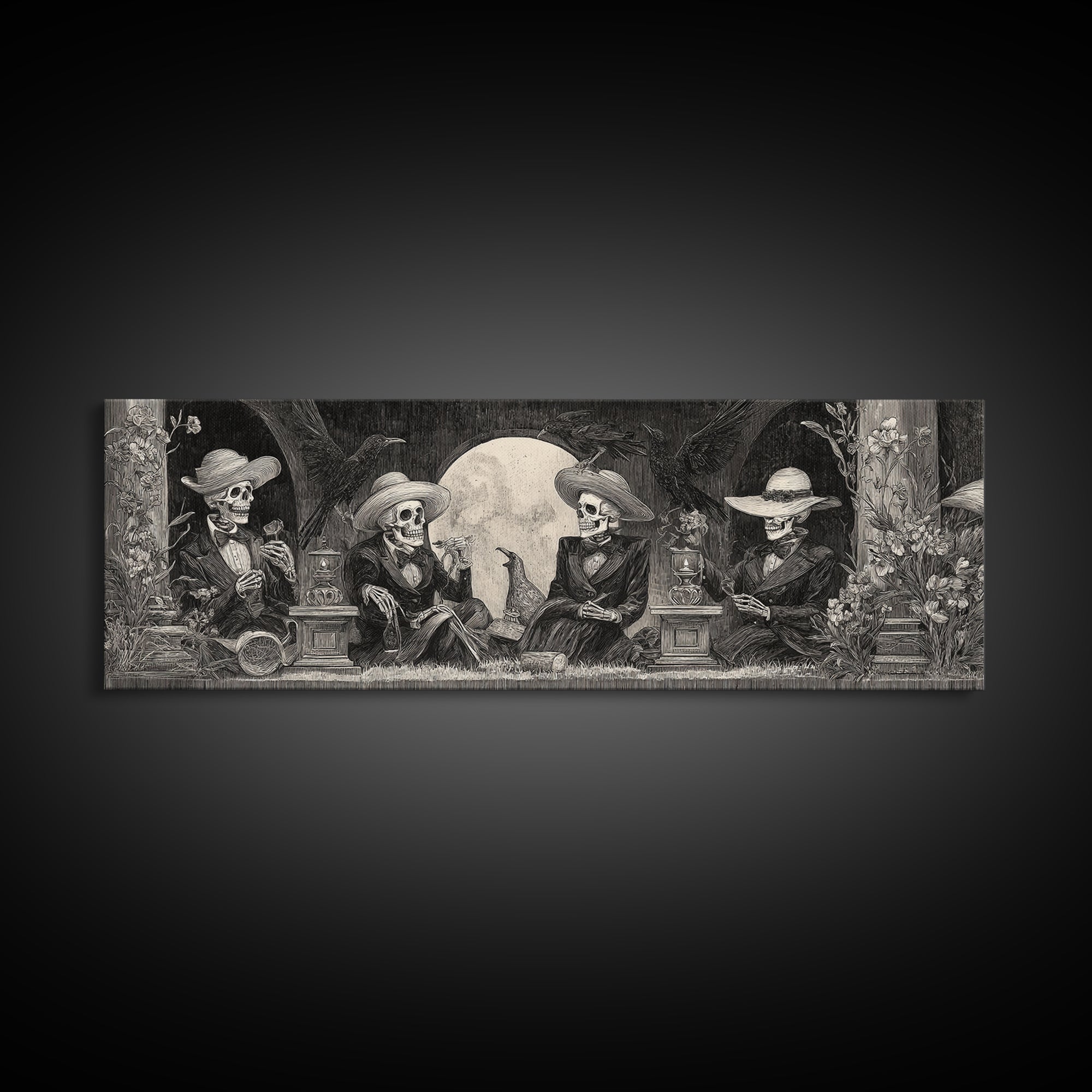 The Skeleton Barbershop Quartet, Symbolist Dream Art, Extra Wide Wall Art, Gothic Horror Wall Art, Canvas Print, Halloween Wall Art