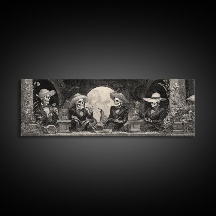 The Skeleton Barbershop Quartet, Symbolist Dream Art, Extra Wide Wall Art, Gothic Horror Wall Art, Canvas Print, Halloween Wall Art