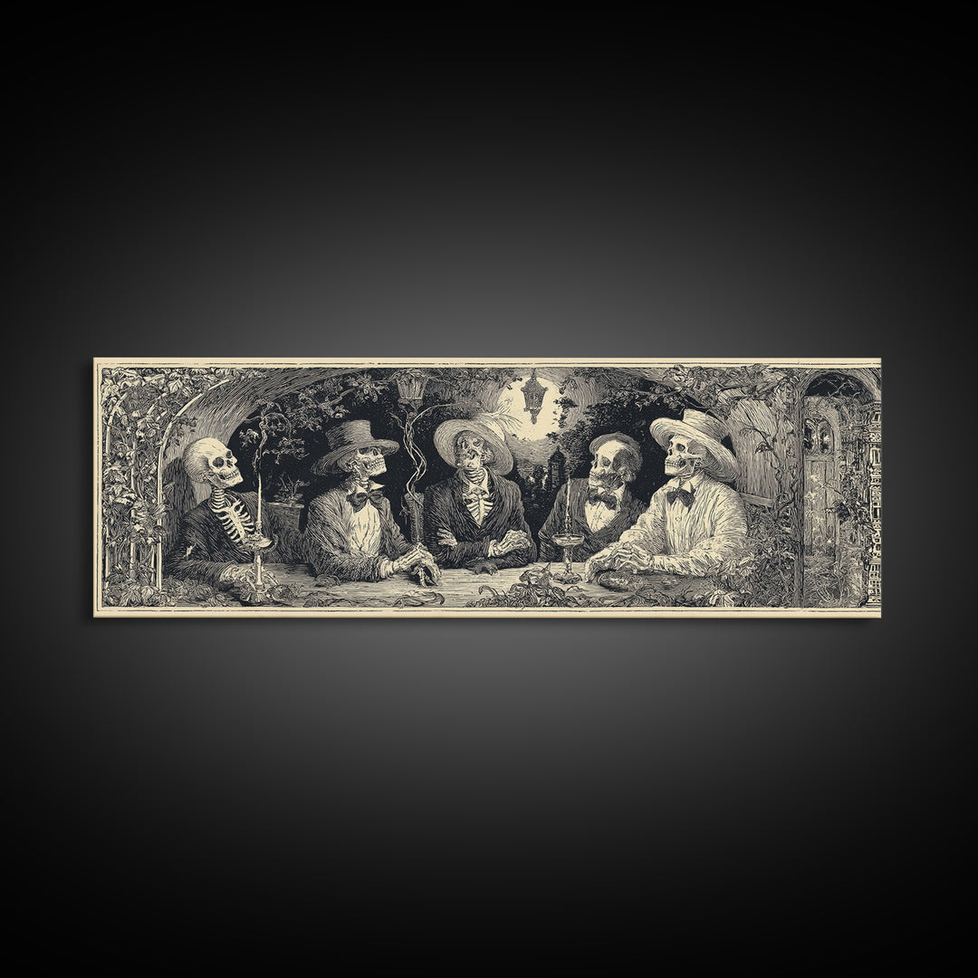 The Skeleton Barbershop Quartet, Symbolist Etching Art, Extra Wide Wall Art, Macabre Wall Art, Canvas Print, Halloween Wall Art