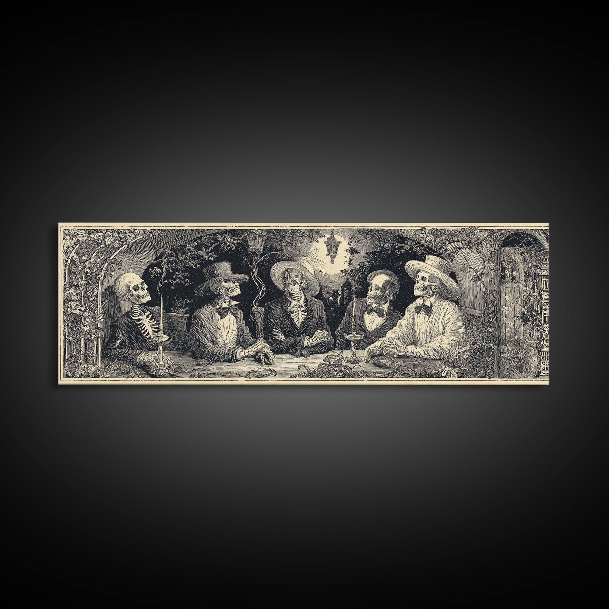 The Skeleton Barbershop Quartet, Symbolist Etching Art, Extra Wide Wall Art, Macabre Wall Art, Canvas Print, Halloween Wall Art