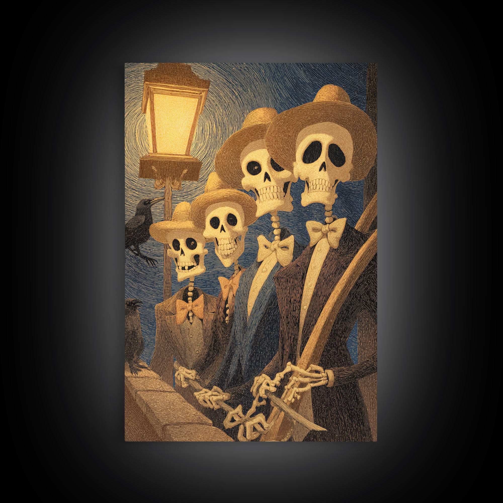 The Skeleton Barbershop Quartet, Expressionist Gothic Art, Vertical Wall Art, Dark Halloween Decor, Framed Canvas Print, Halloween Wall Art