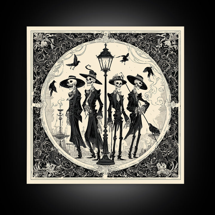 The Skeleton Barbershop Quartet, Decadent Line Art, Square Wall Art, Dark Halloween Decor, Framed Canvas Print