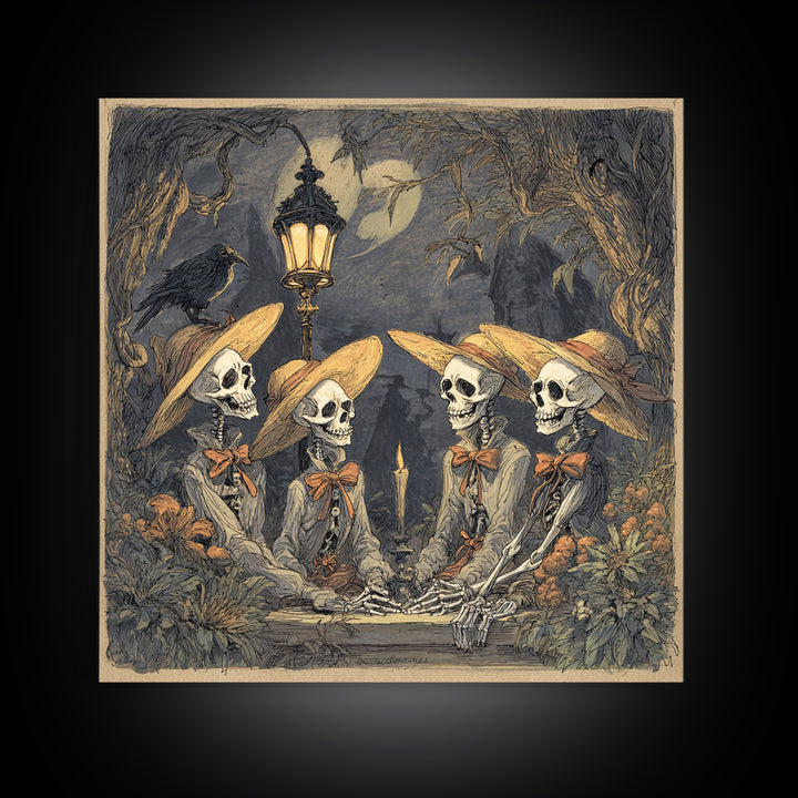 The Skeleton Barbershop Quartet, Gothic Storybook Art, Square Wall Art, Dark Halloween Decor, Framed Canvas Print, Halloween Wall Art