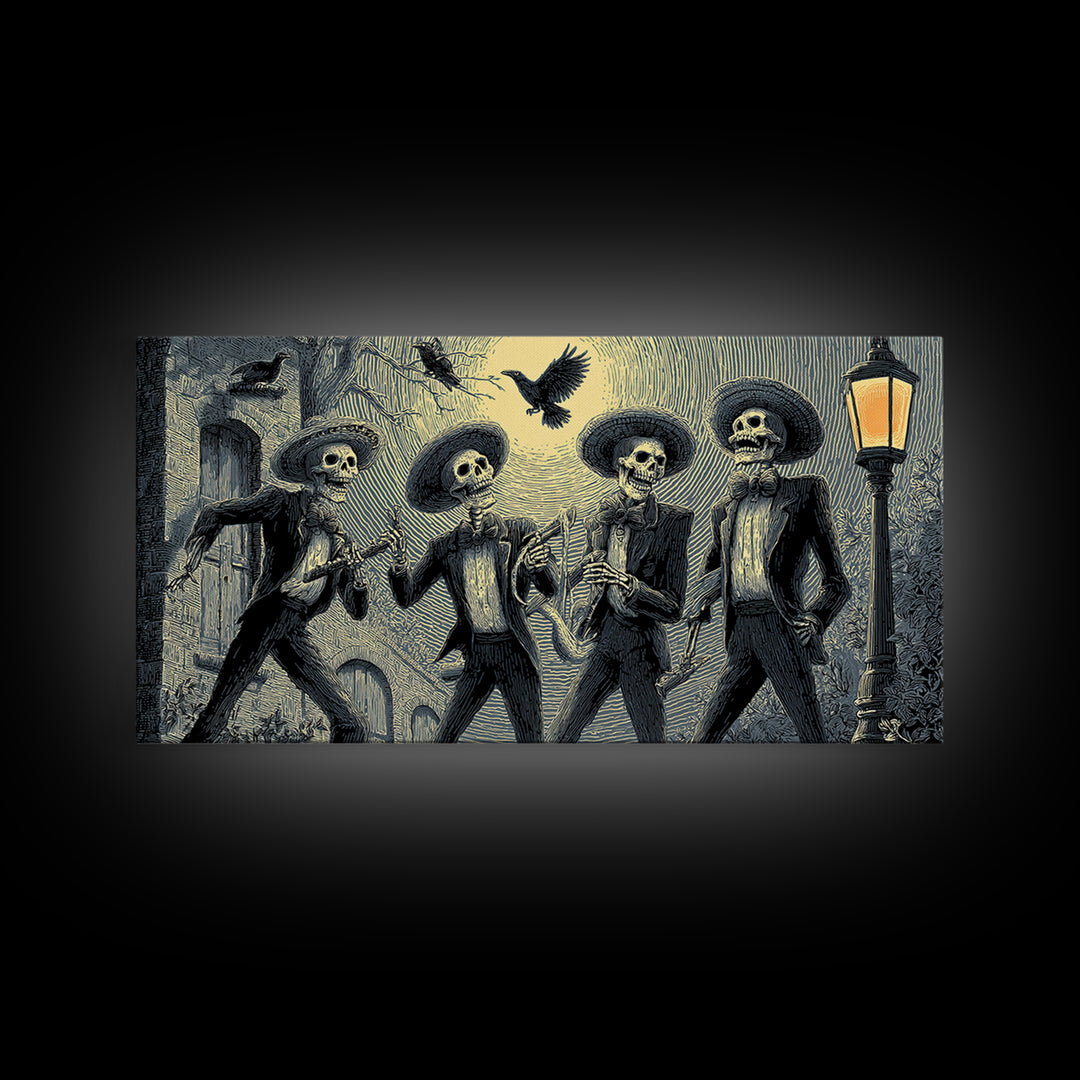The Skeleton Barbershop Quartet, Macabre Folk Print Art, Wide Panoramic Art, Dark Halloween Decor, Canvas Print