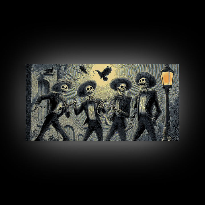 The Skeleton Barbershop Quartet, Macabre Folk Print Art, Wide Panoramic Art, Dark Halloween Decor, Canvas Print