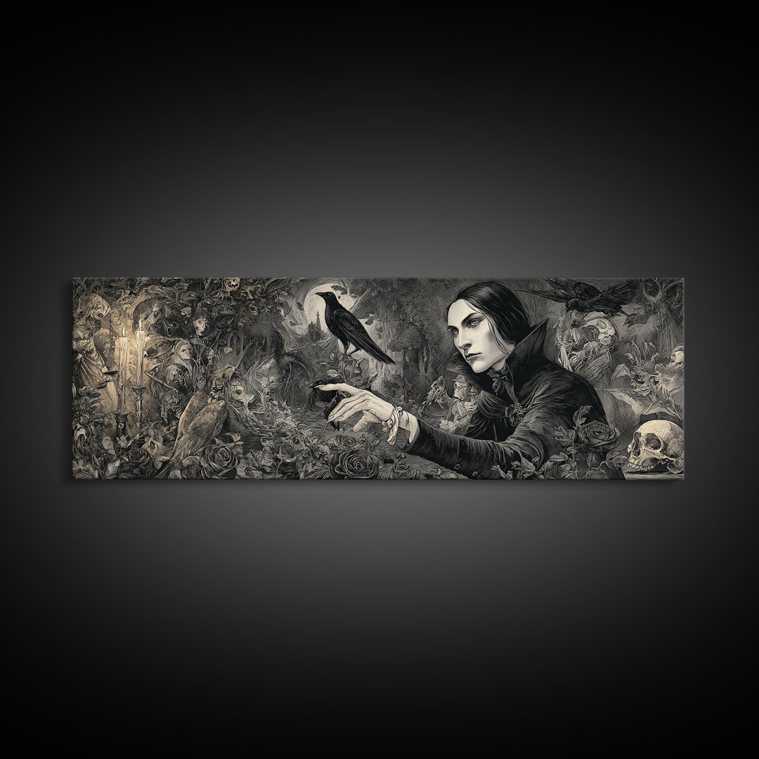 The Vampire Florist, Medieval Grotesque Art, Extra Wide Wall Art, Gothic Horror Wall Art, Framed Canvas Print, Halloween Wall Art