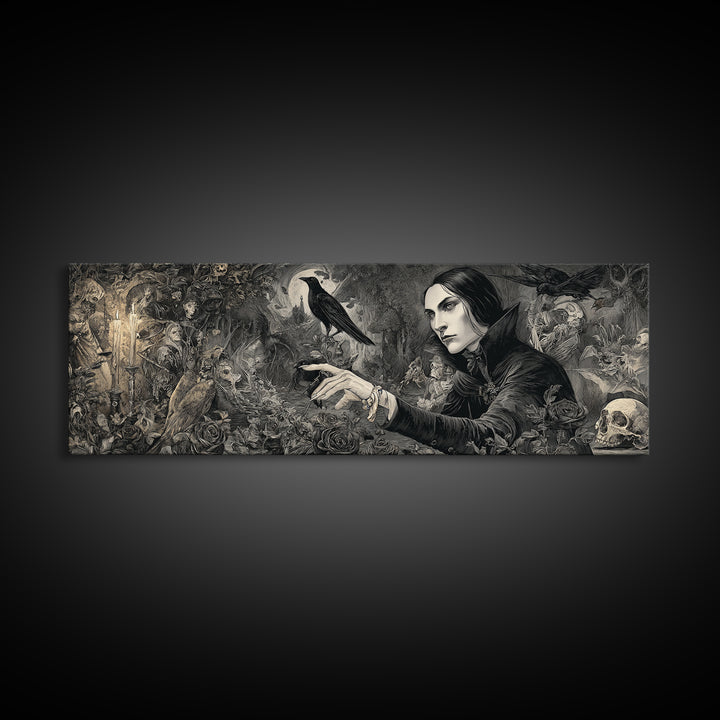 The Vampire Florist, Medieval Grotesque Art, Extra Wide Wall Art, Gothic Horror Wall Art, Framed Canvas Print, Halloween Wall Art