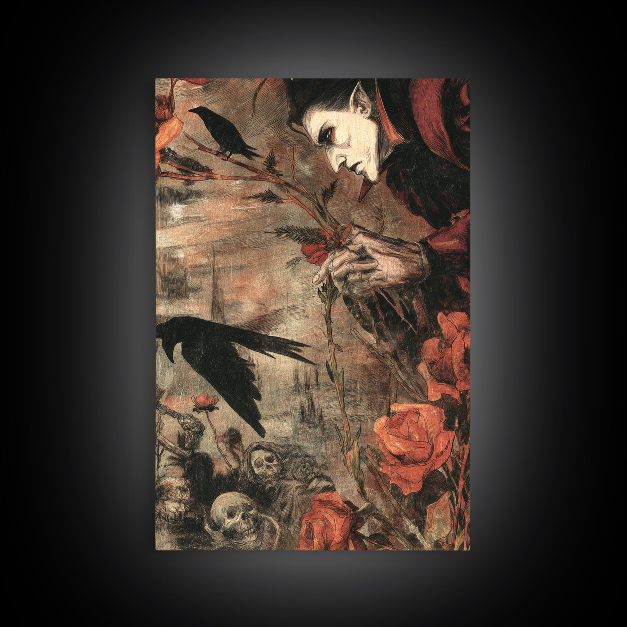 The Vampire Florist, Dark Renaissance Art, Vertical Wall Art, Dark Fantasy Wall Art, Canvas Print, Halloween Wall Art