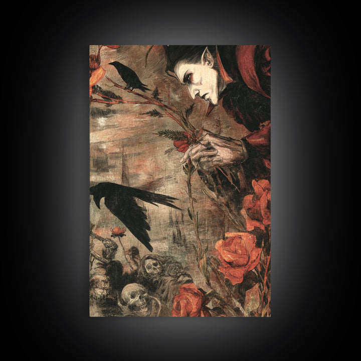 The Vampire Florist, Dark Renaissance Art, Vertical Wall Art, Dark Fantasy Wall Art, Canvas Print, Halloween Wall Art