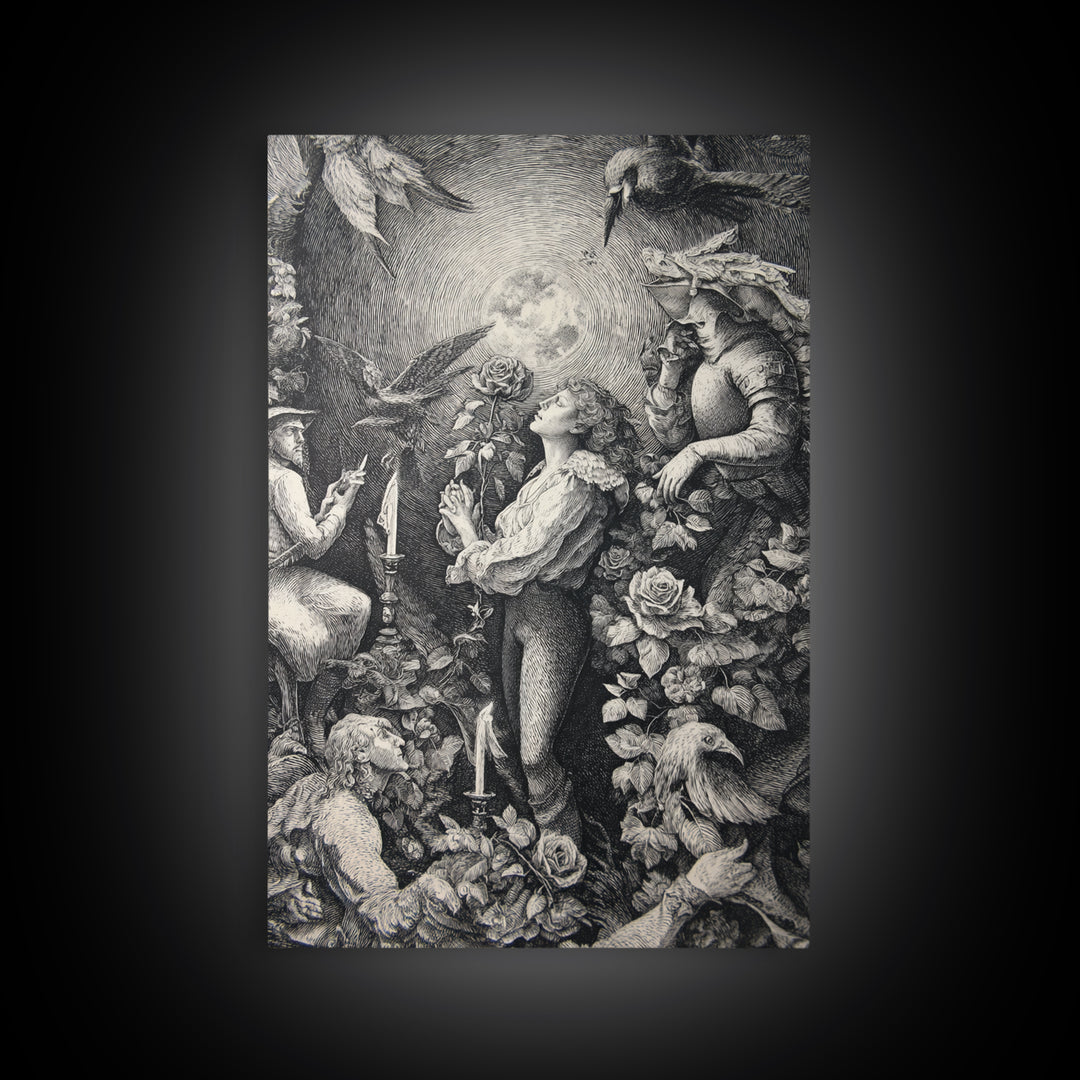 The Vampire Florist, Renaissance Engraving Art, Vertical Wall Art, Dark Fantasy Wall Art, Framed Canvas Print, Halloween Wall Art