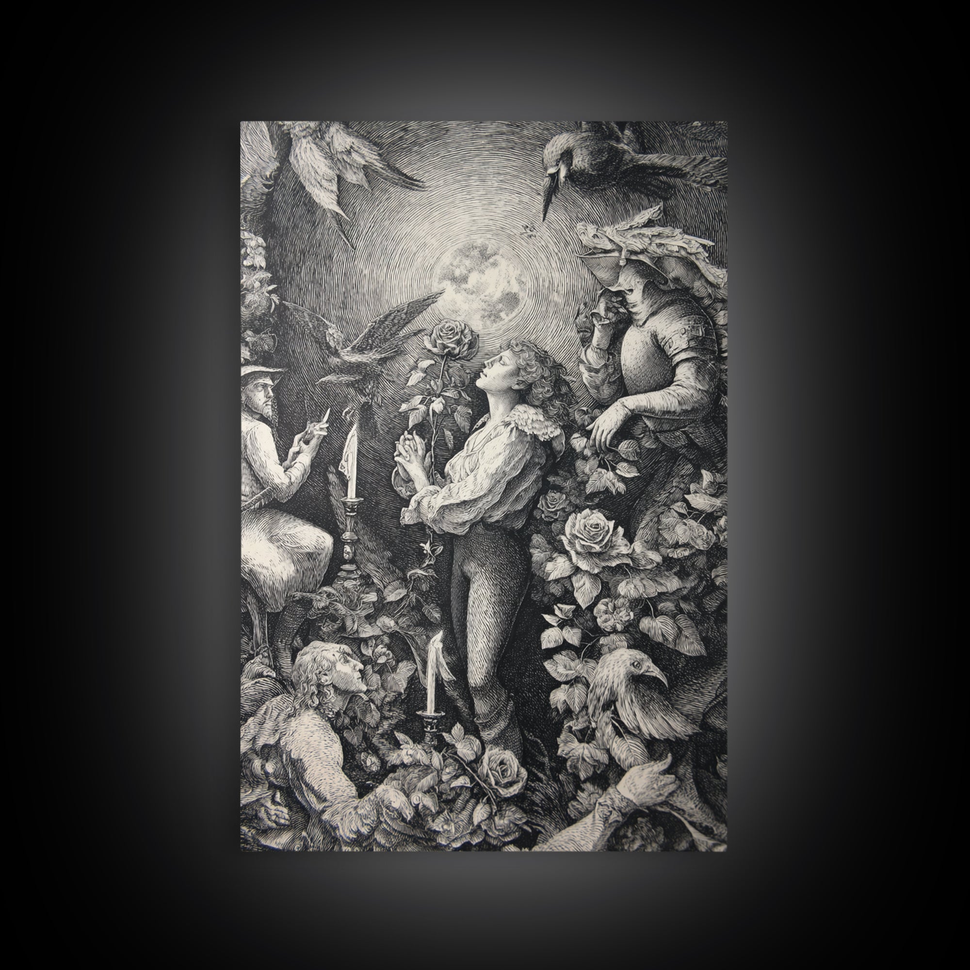 The Vampire Florist, Renaissance Engraving Art, Vertical Wall Art, Dark Fantasy Wall Art, Framed Canvas Print, Halloween Wall Art