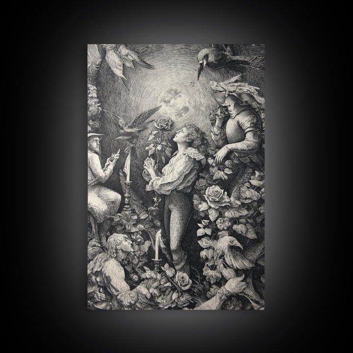 The Vampire Florist, Renaissance Engraving Art, Vertical Wall Art, Dark Fantasy Wall Art, Framed Canvas Print, Halloween Wall Art