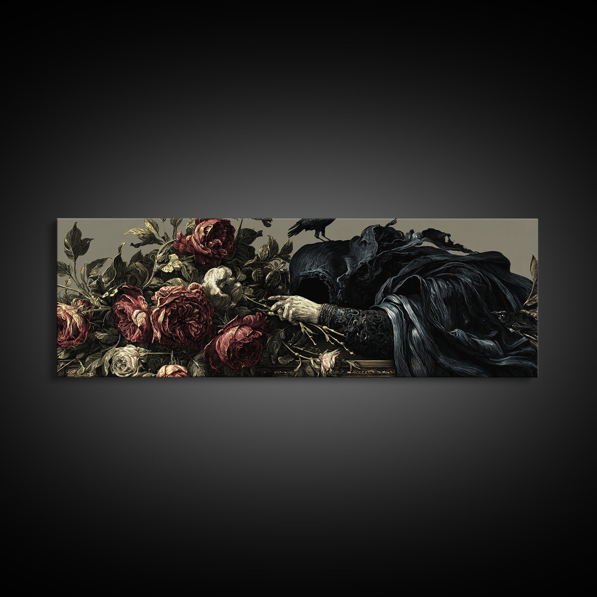 The Vampire Florist, Visionary Gothic Art, Extra Wide Wall Art, Gothic Horror Wall Art, Canvas Print, Halloween Wall Art