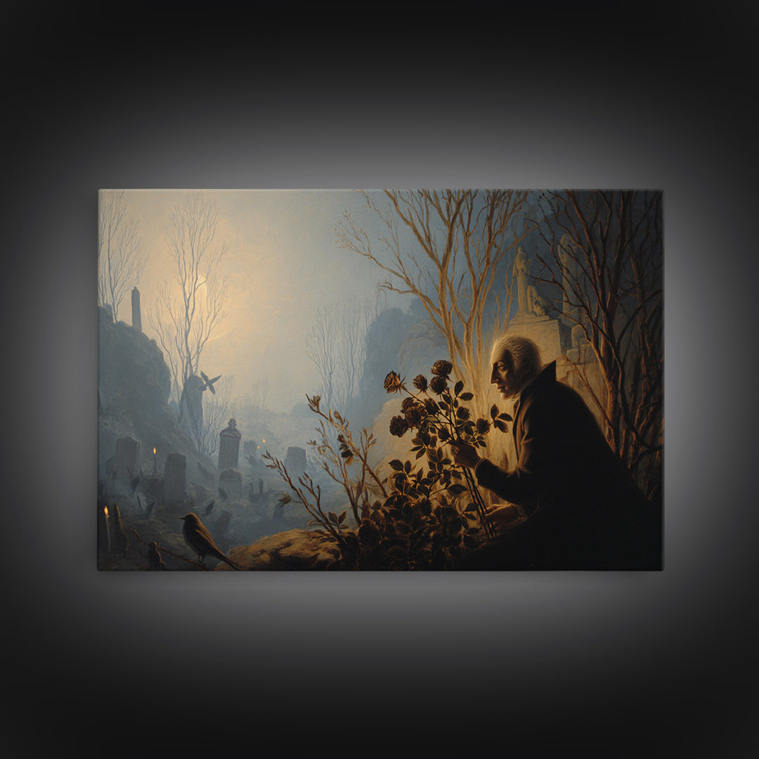 The Vampire Florist, Romantic Gothic Landscape, Landscape Wall Art, Dark Halloween Decor, Framed Canvas Print, Halloween Wall Art