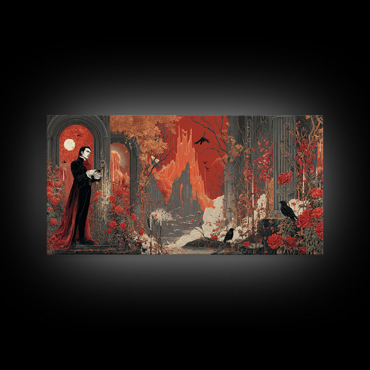 The Vampire Florist, Apocalyptic Romantic Art, Wide Panoramic Art, Dark Fantasy Wall Art, Framed Canvas Print, Halloween Wall Art