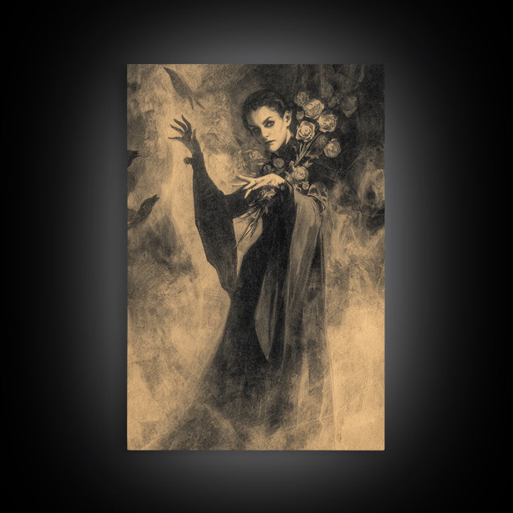 The Vampire Florist, Symbolist Dream Art, Vertical Wall Art, Macabre Wall Art, Framed Canvas Print, Halloween Wall Art