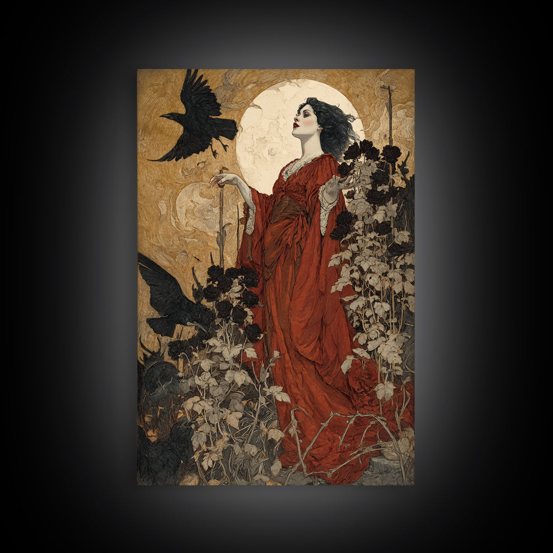 The Vampire Florist, Symbolist Etching Art, Vertical Wall Art, Macabre Wall Art, Canvas Print, Halloween Wall Art, Gothic Home Decor