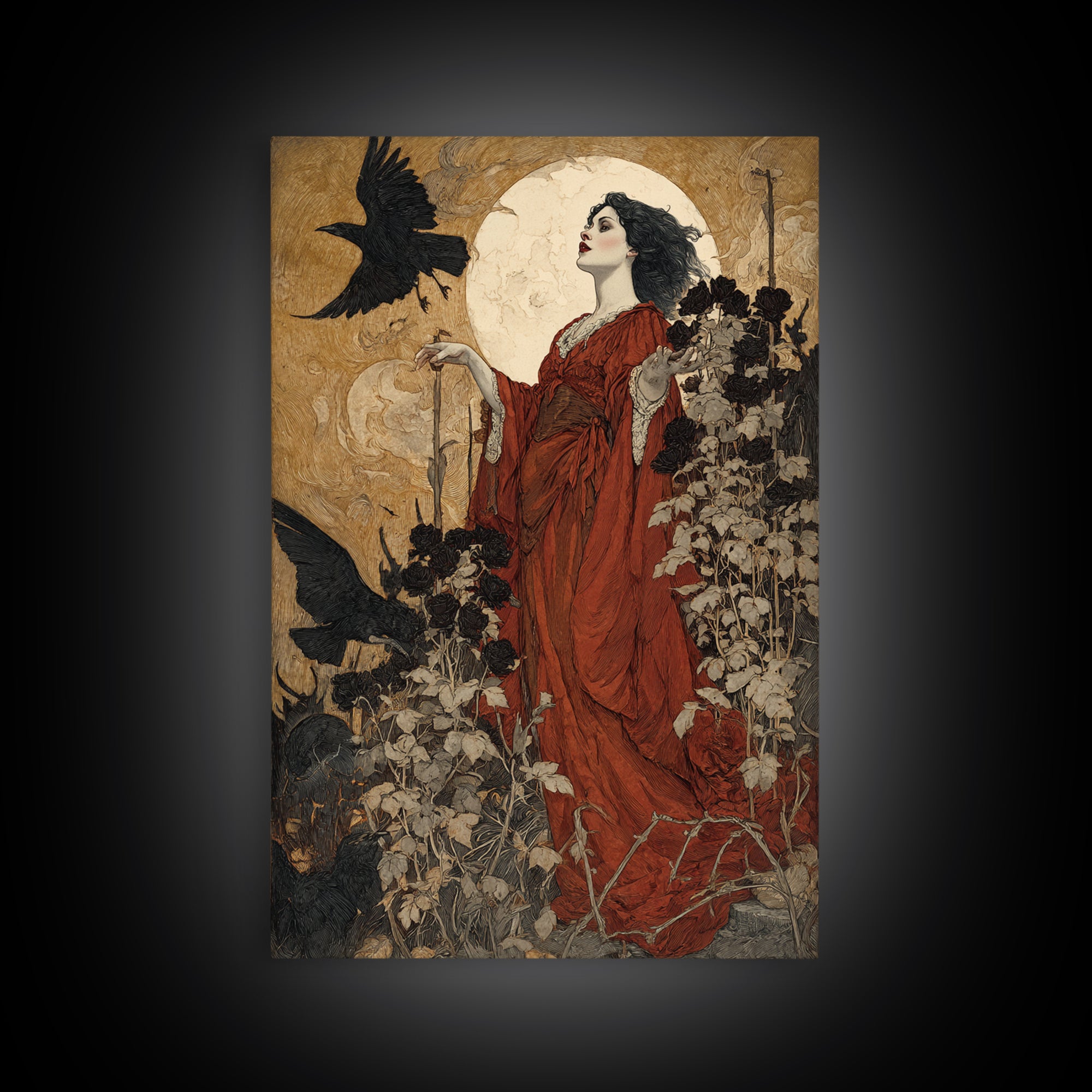 The Vampire Florist, Symbolist Etching Art, Vertical Wall Art, Macabre Wall Art, Canvas Print, Halloween Wall Art, Gothic Home Decor