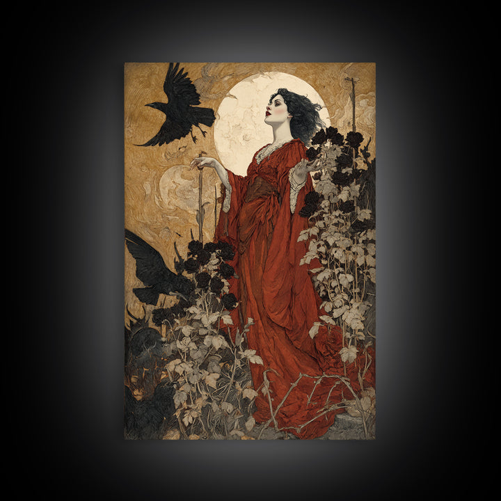 The Vampire Florist, Symbolist Etching Art, Vertical Wall Art, Macabre Wall Art, Canvas Print, Halloween Wall Art, Gothic Home Decor