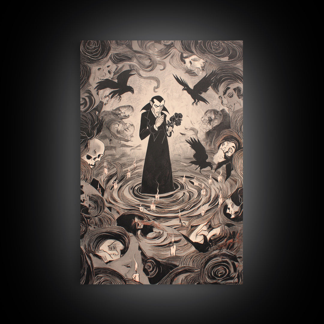The Vampire Florist, Expressionist Gothic Art, Vertical Wall Art, Macabre Wall Art, Framed Canvas Print, Halloween Wall Art