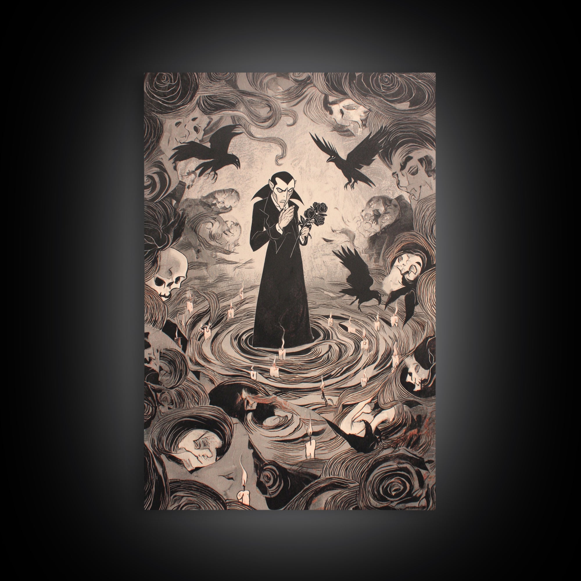 The Vampire Florist, Expressionist Gothic Art, Vertical Wall Art, Macabre Wall Art, Framed Canvas Print, Halloween Wall Art