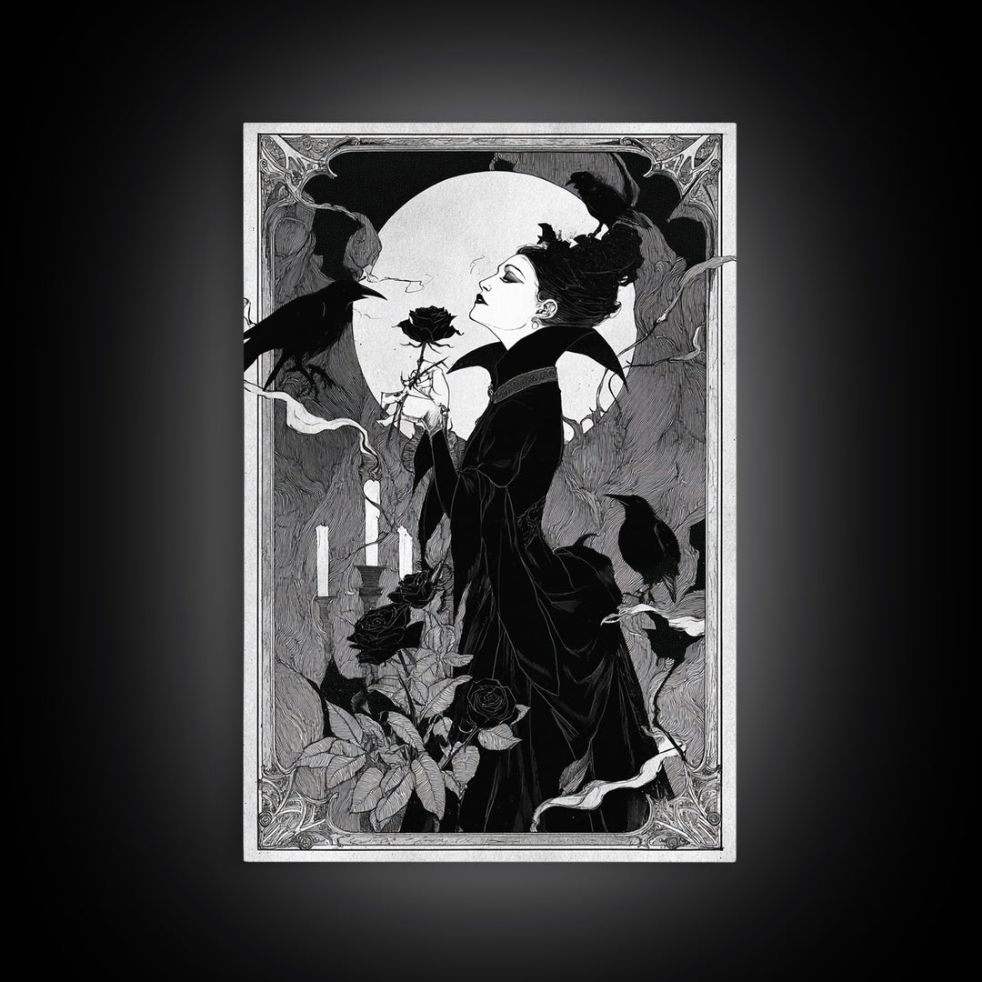 The Vampire Florist, Decadent Line Art, Vertical Wall Art, Dark Fantasy Wall Art, Canvas Print, Halloween Wall Art
