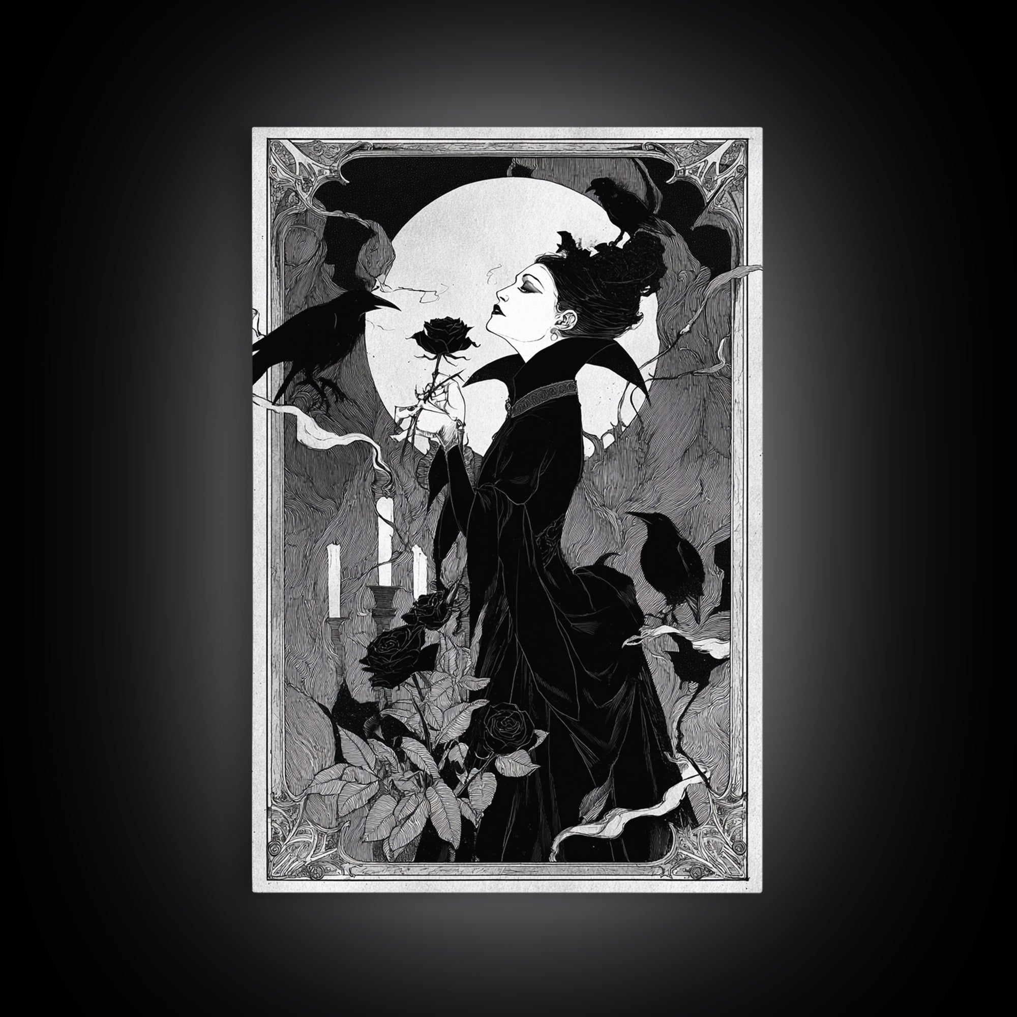 The Vampire Florist, Decadent Line Art, Vertical Wall Art, Dark Fantasy Wall Art, Canvas Print, Halloween Wall Art