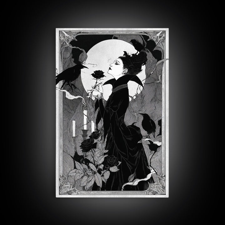 The Vampire Florist, Decadent Line Art, Vertical Wall Art, Dark Fantasy Wall Art, Canvas Print, Halloween Wall Art