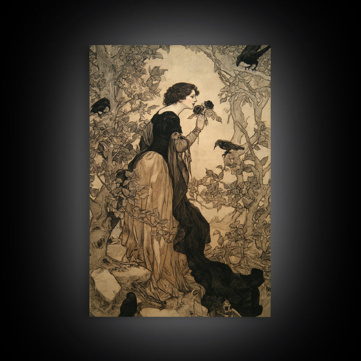 The Vampire Florist, Gothic Storybook Art, Vertical Wall Art, Macabre Wall Art, Canvas Print, Halloween Wall Art, Gothic Home Decor