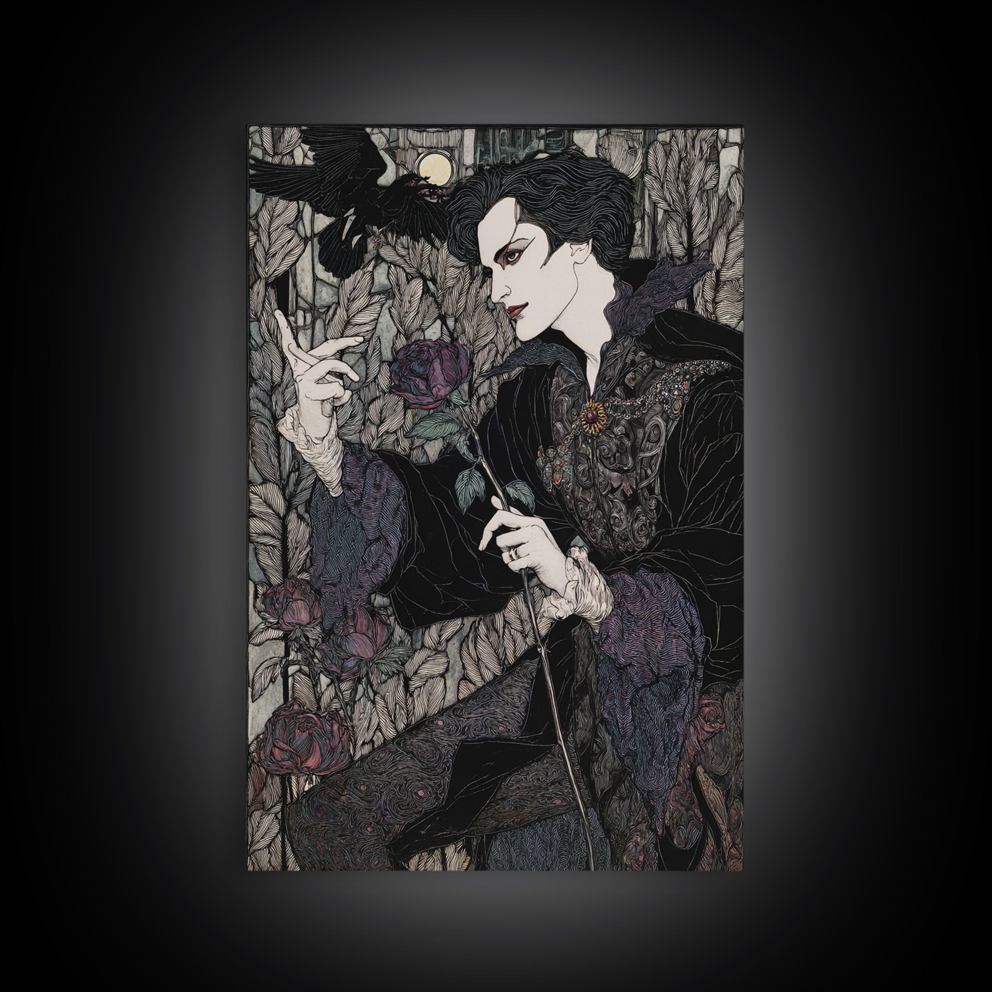 The Vampire Florist, Stained Glass Gothic Art, Vertical Wall Art, Gothic Horror Wall Art, Canvas Print, Halloween Wall Art