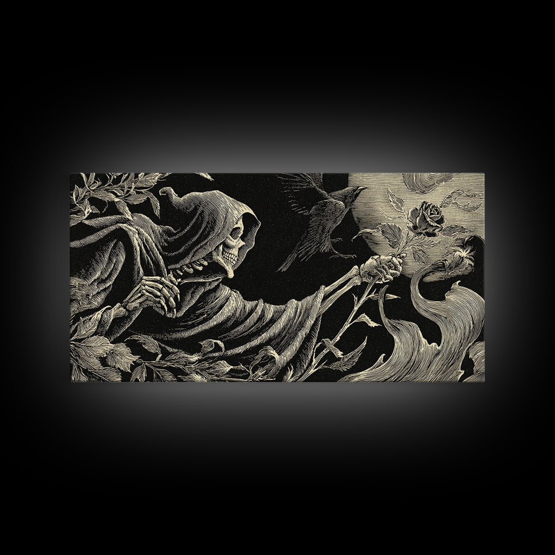 The Vampire Florist, Macabre Folk Print Art, Wide Panoramic Art, Dark Fantasy Wall Art, Framed Canvas Print, Halloween Wall Art