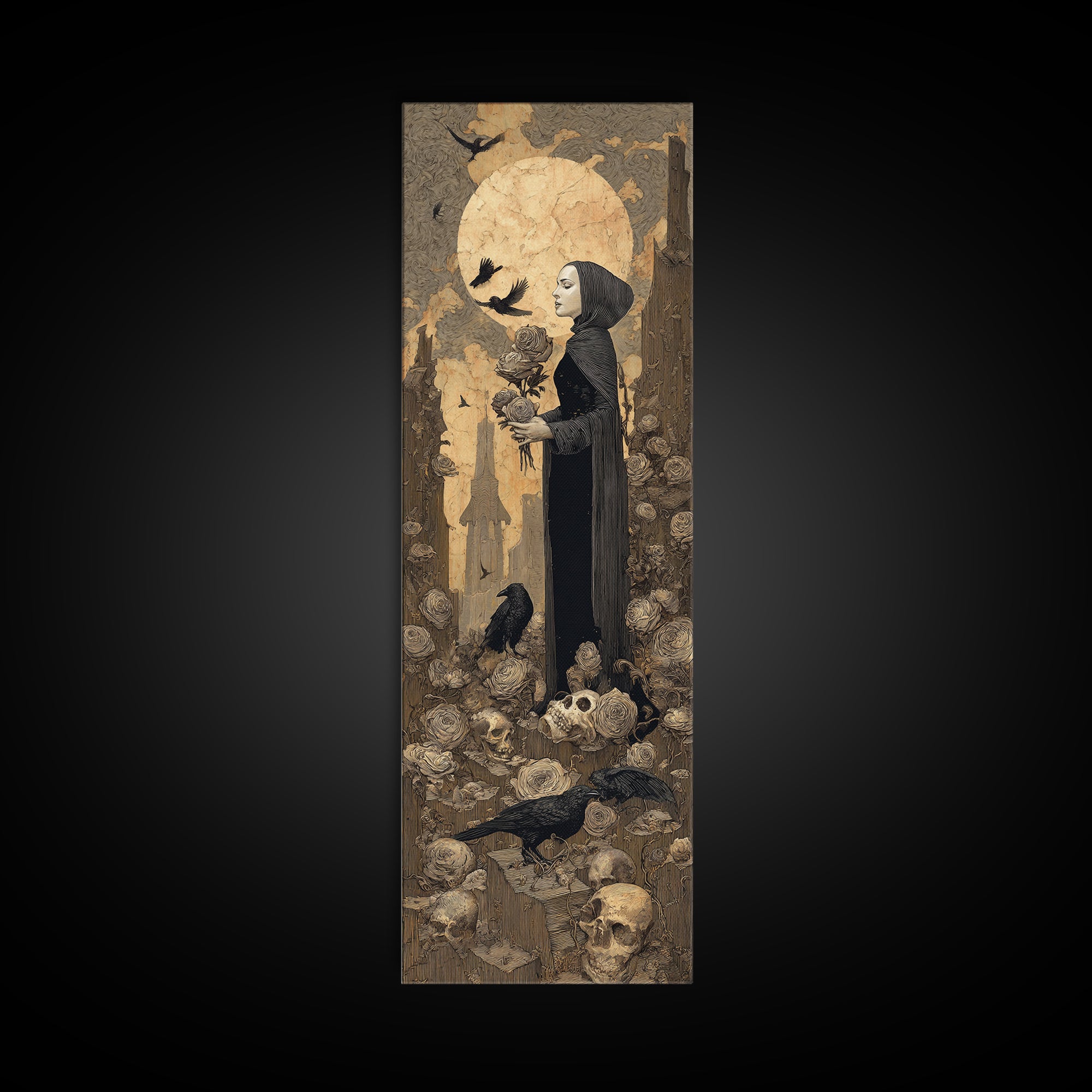 The Vampire Florist, Surreal Apocalyptic Art, Tall Narrow Wall Art, Dark Fantasy Wall Art, Framed Canvas Print, Halloween Wall Art