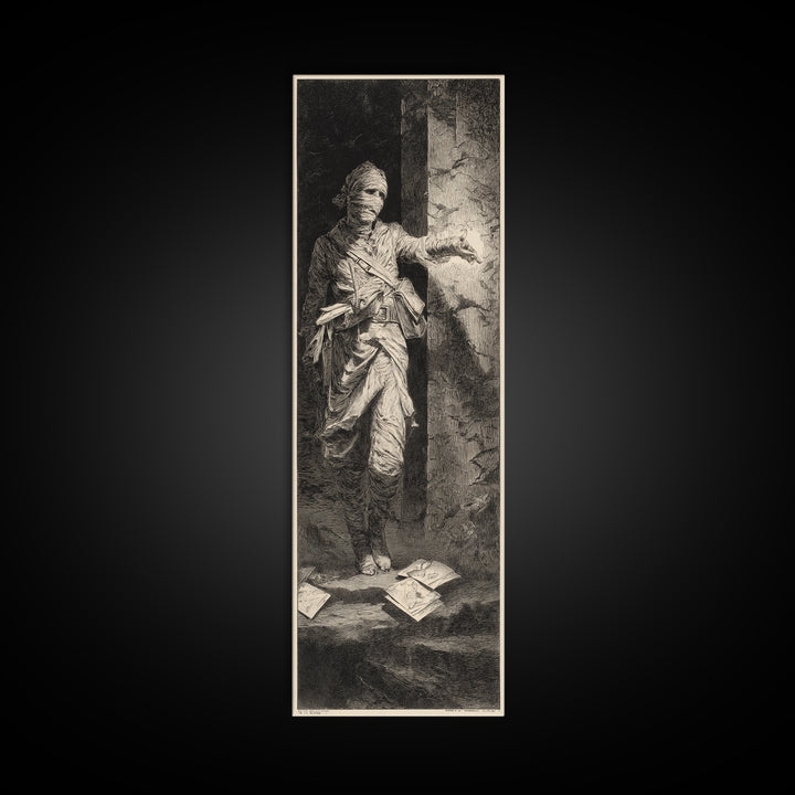 The Mummy Mail Carrier, Gothic Engraving Art, Tall Narrow Wall Art, Dark Fantasy Wall Art, Framed Canvas Print, Halloween Wall Art